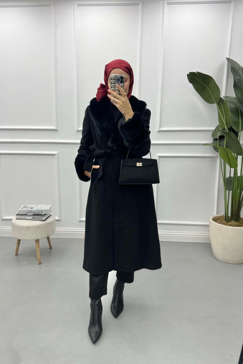 Fur Collar and Sleeve Coat Black