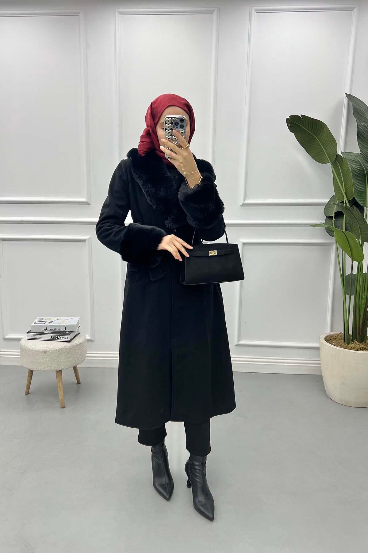 Fur Collar and Sleeve Coat Black