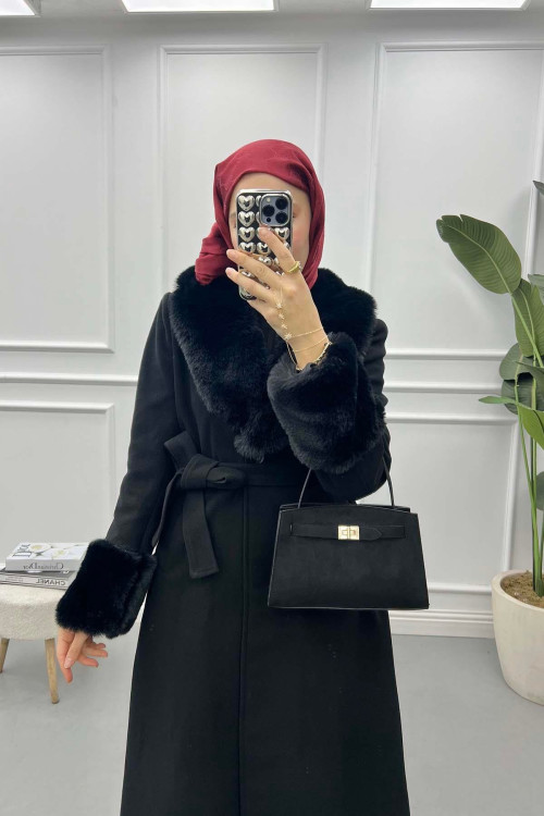 Fur Collar and Sleeve Coat Black