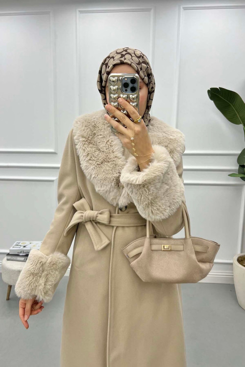 Fur Collar and Sleeve Coat Stone