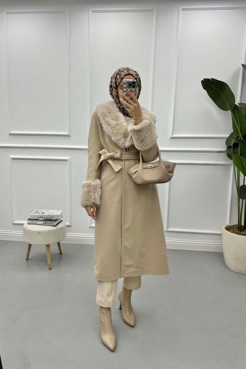 Fur Collar and Sleeve Coat Stone