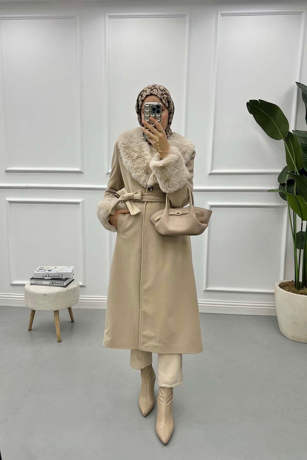 Fur Collar and Sleeve Coat Stone