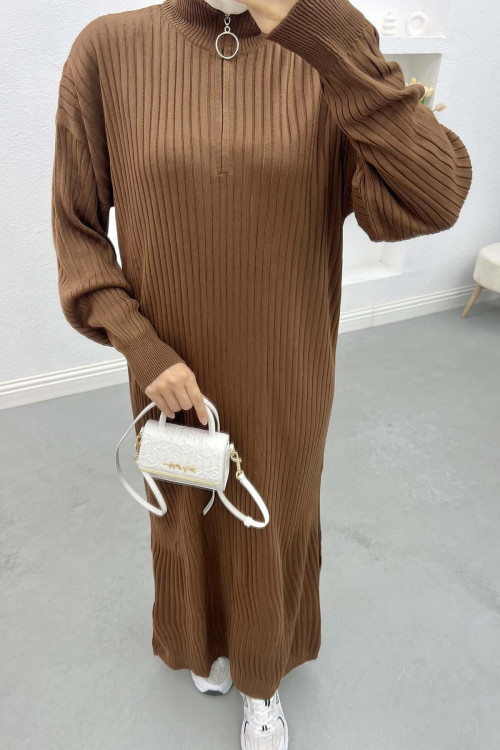 Ribbed Dress with Zippered Collar, Bitter Coffee