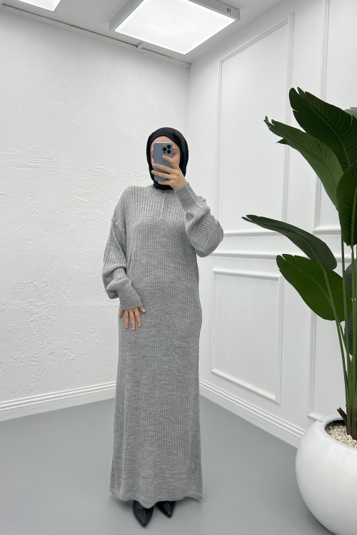 Ribbed Dress with Zippered Collar Gray