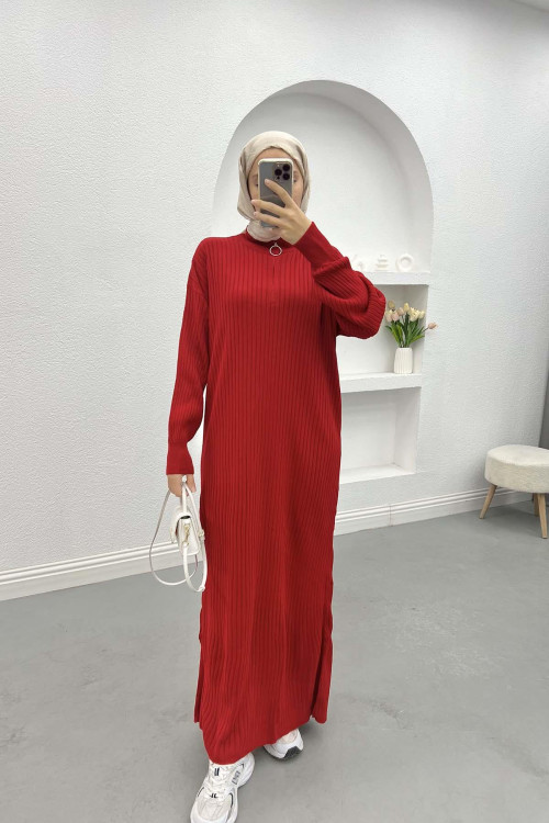 Ribbed Dress with Zippered Collar Red