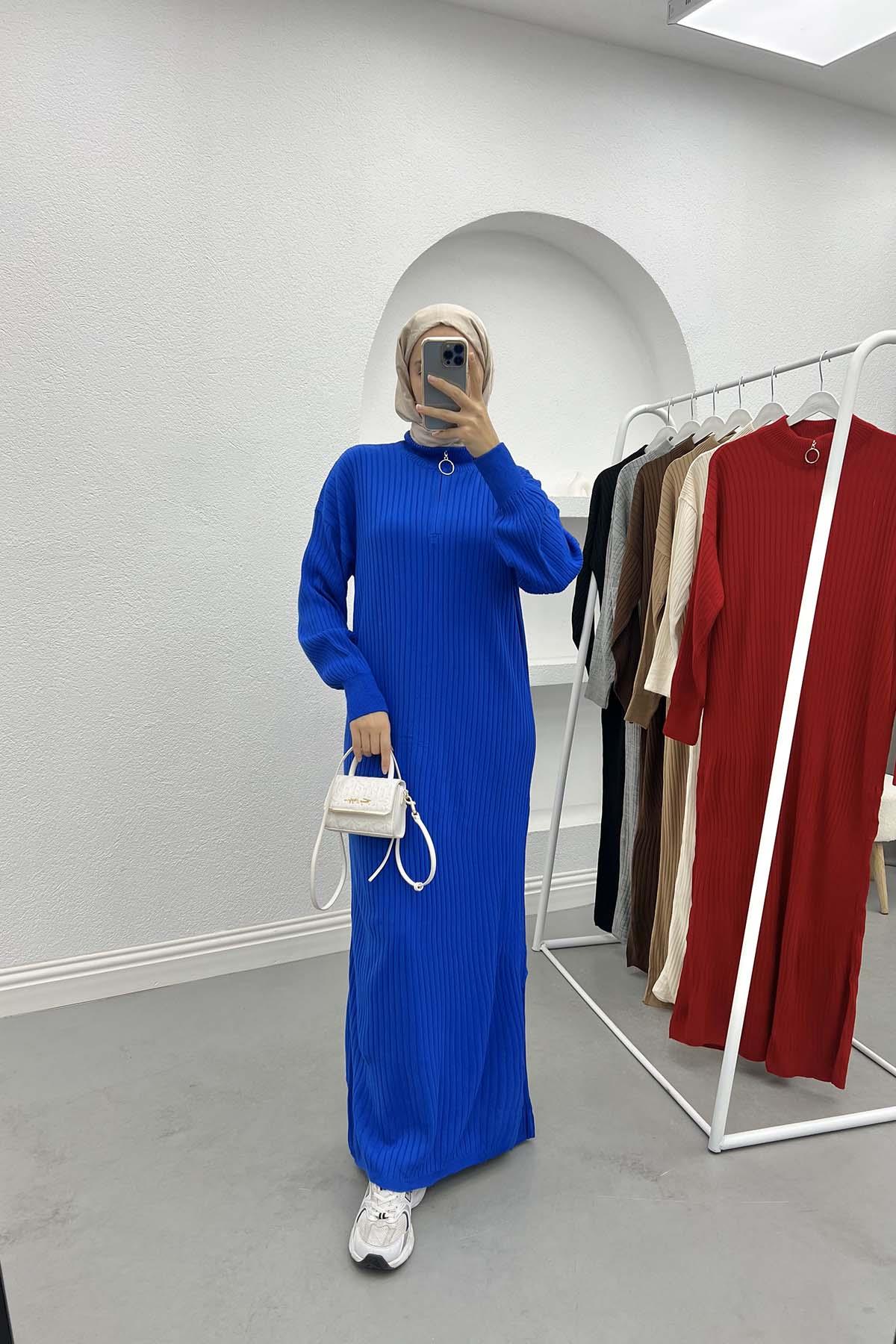 Ribbed Dress with Zippered Collar, Saxe Blue