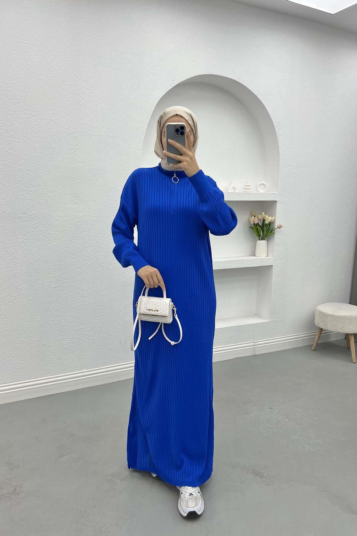 Ribbed Dress with Zippered Collar, Saxe Blue