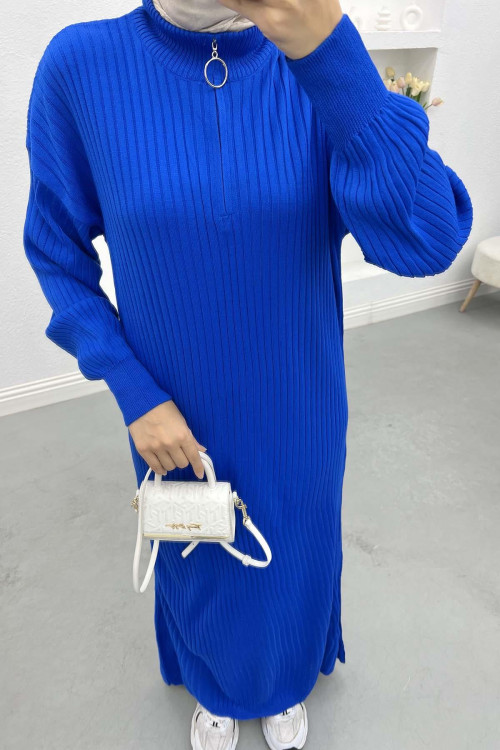 Ribbed Dress with Zippered Collar, Saxe Blue