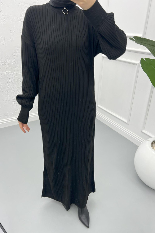 Ribbed Dress with Zipper Collar Black