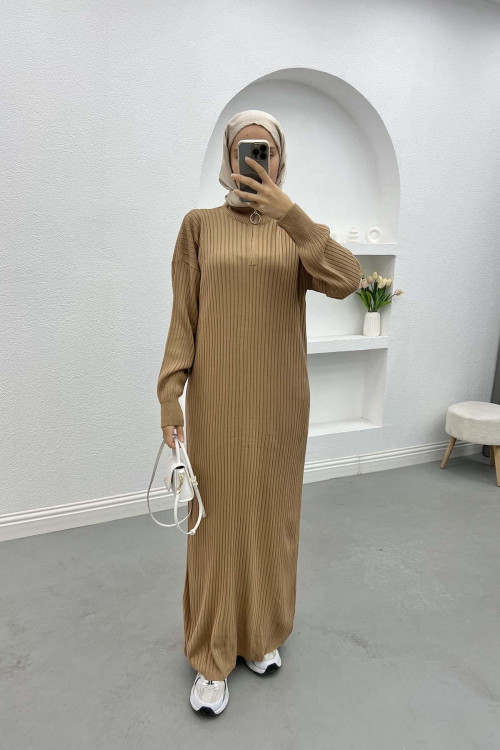 Ribbed Dress with Zippered Collar, Milky Coffee