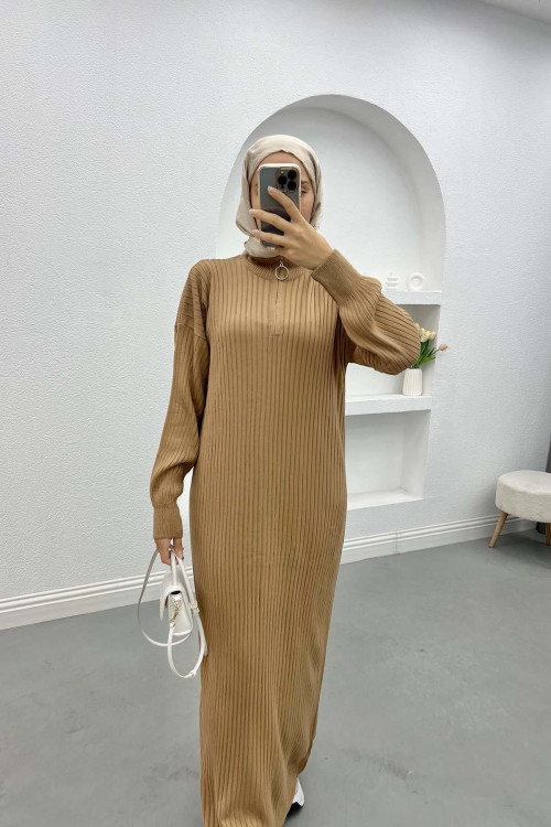 Ribbed Dress with Zippered Collar, Milky Coffee