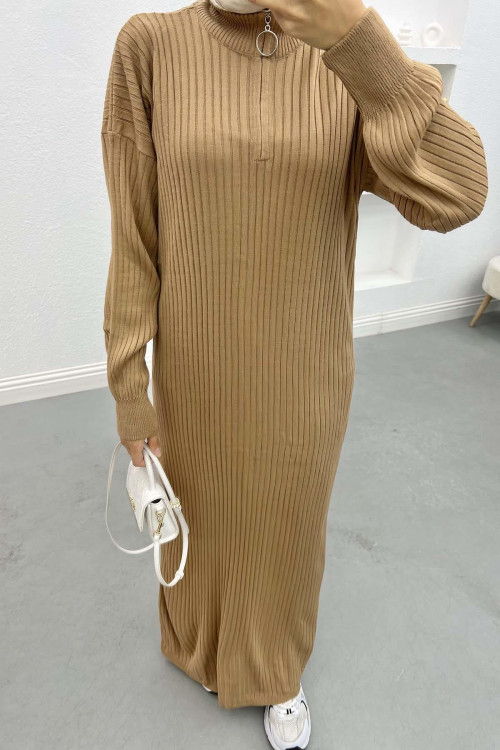 Ribbed Dress with Zippered Collar, Milky Coffee