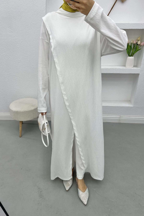 Zippered Collar Tunic Set White