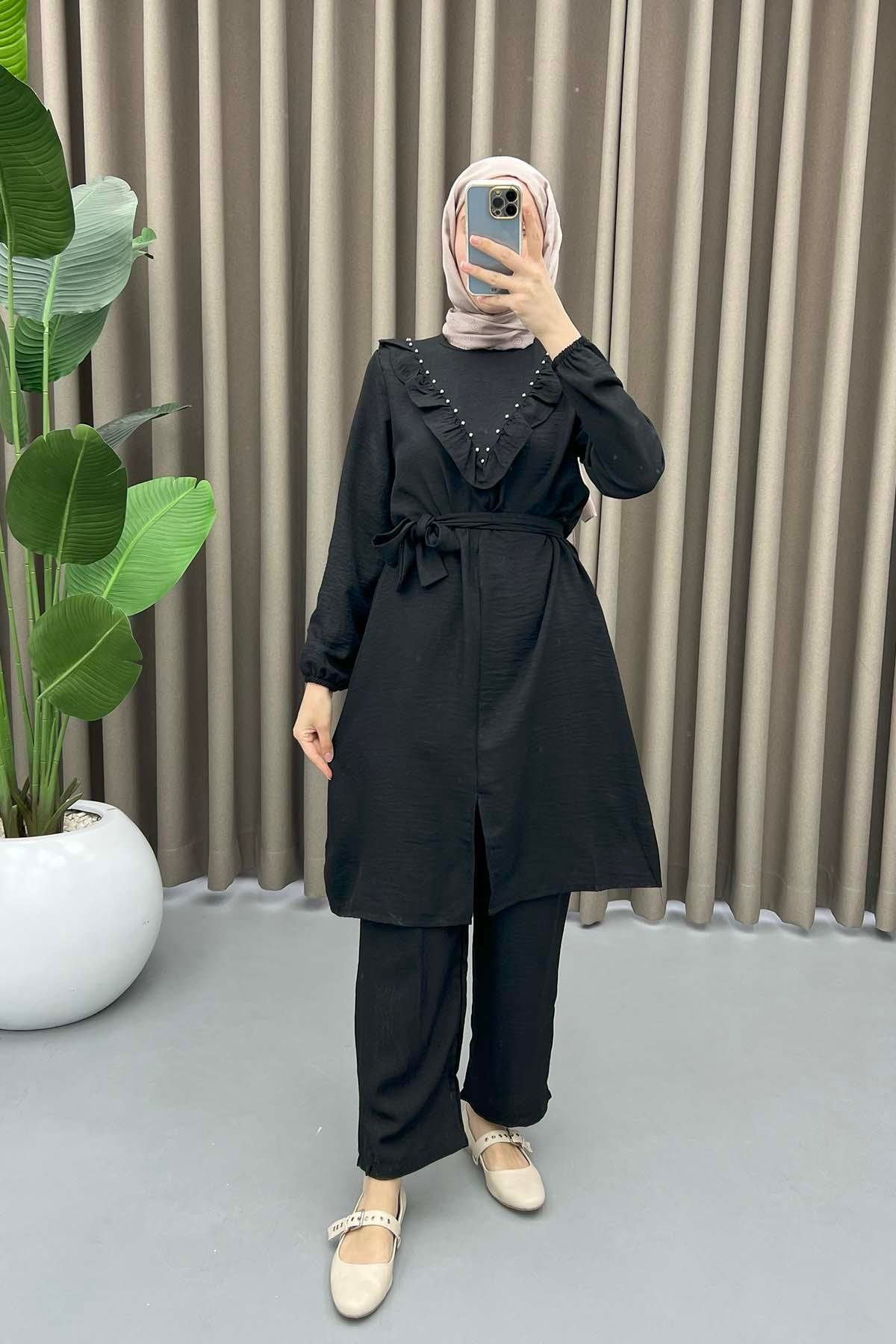 Ruffle Collar Tunic Set Black