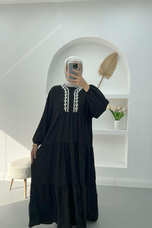 Embroidered Collar Linen Dress Black