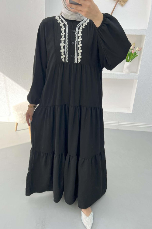 Embroidered Collar Linen Dress Black