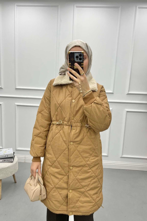 Fur Collar Quilted Coat Milky Coffee