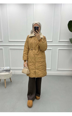 Fur Collar Quilted Coat Milky Coffee