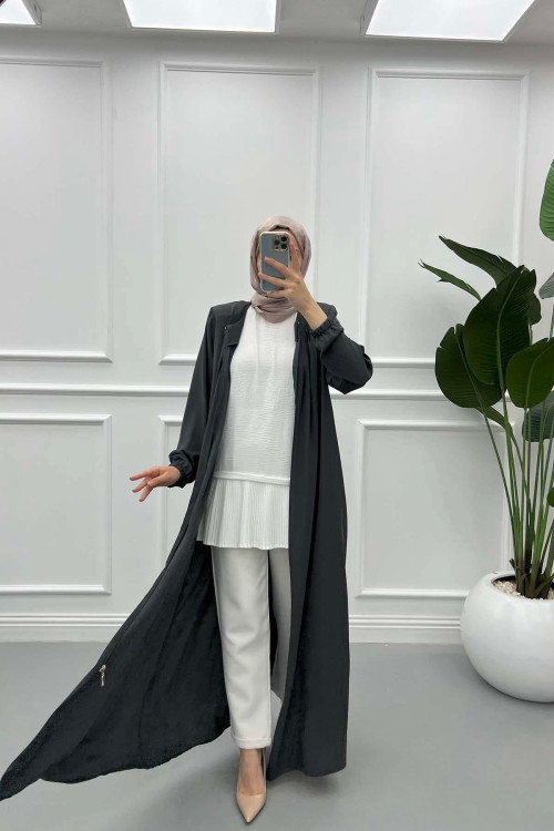 Pleated Collar Abaya Anthracite