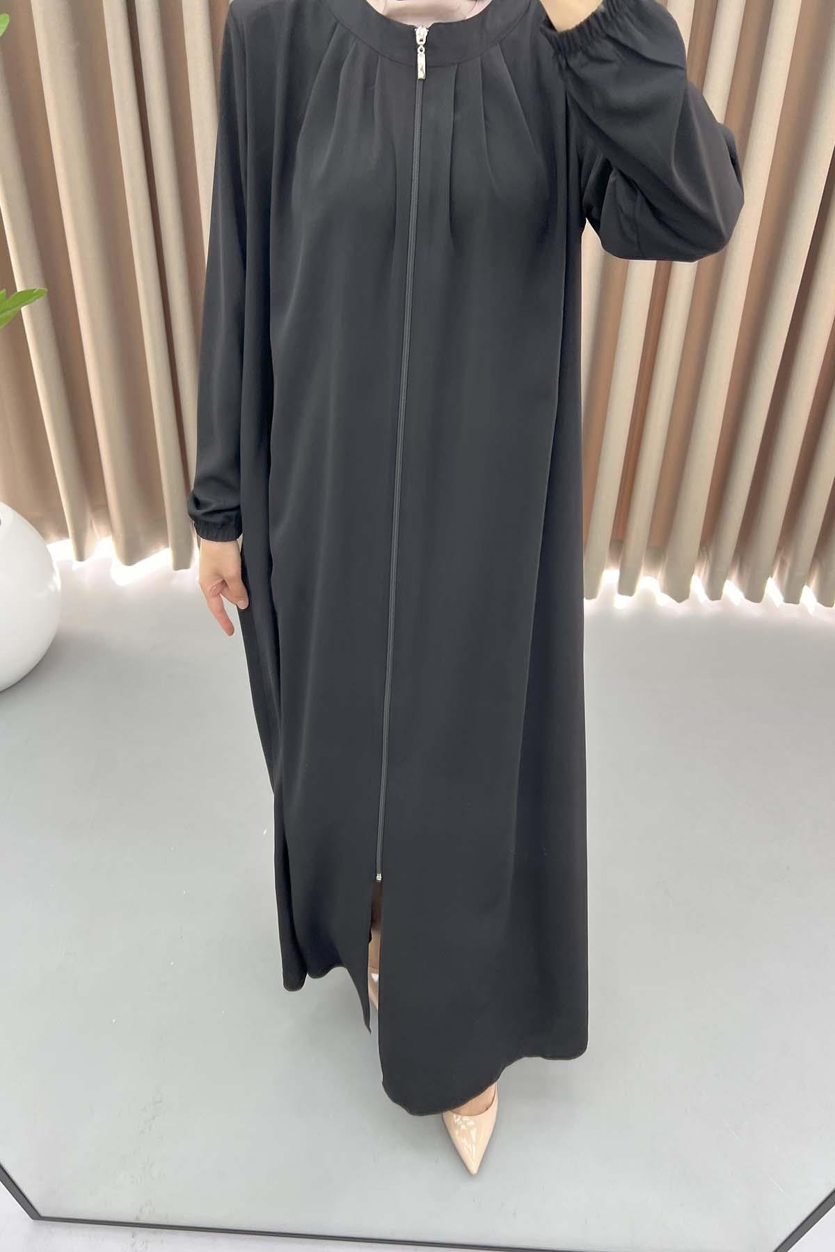 Pleated Collar Abaya Black