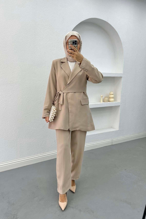 Side Tie Jacket Set Beige