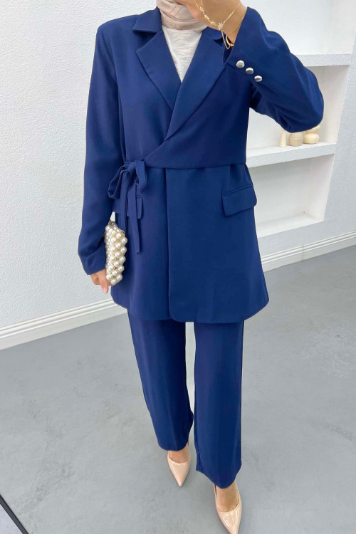 Side Tie Jacket Set Navy Blue