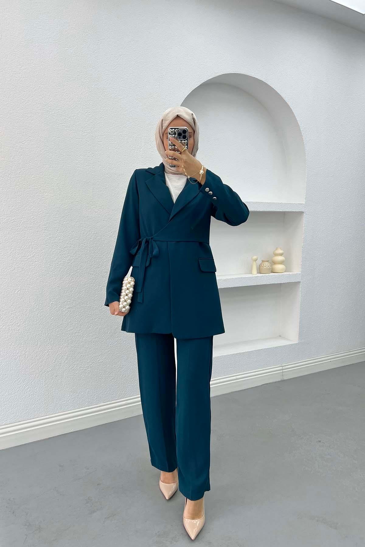 Side Tie Jacket Set Petrol Blue