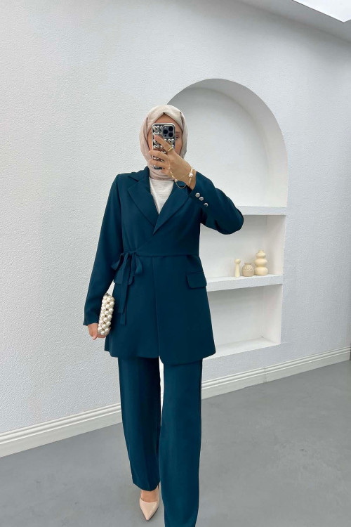 Side Tie Jacket Set Petrol Blue