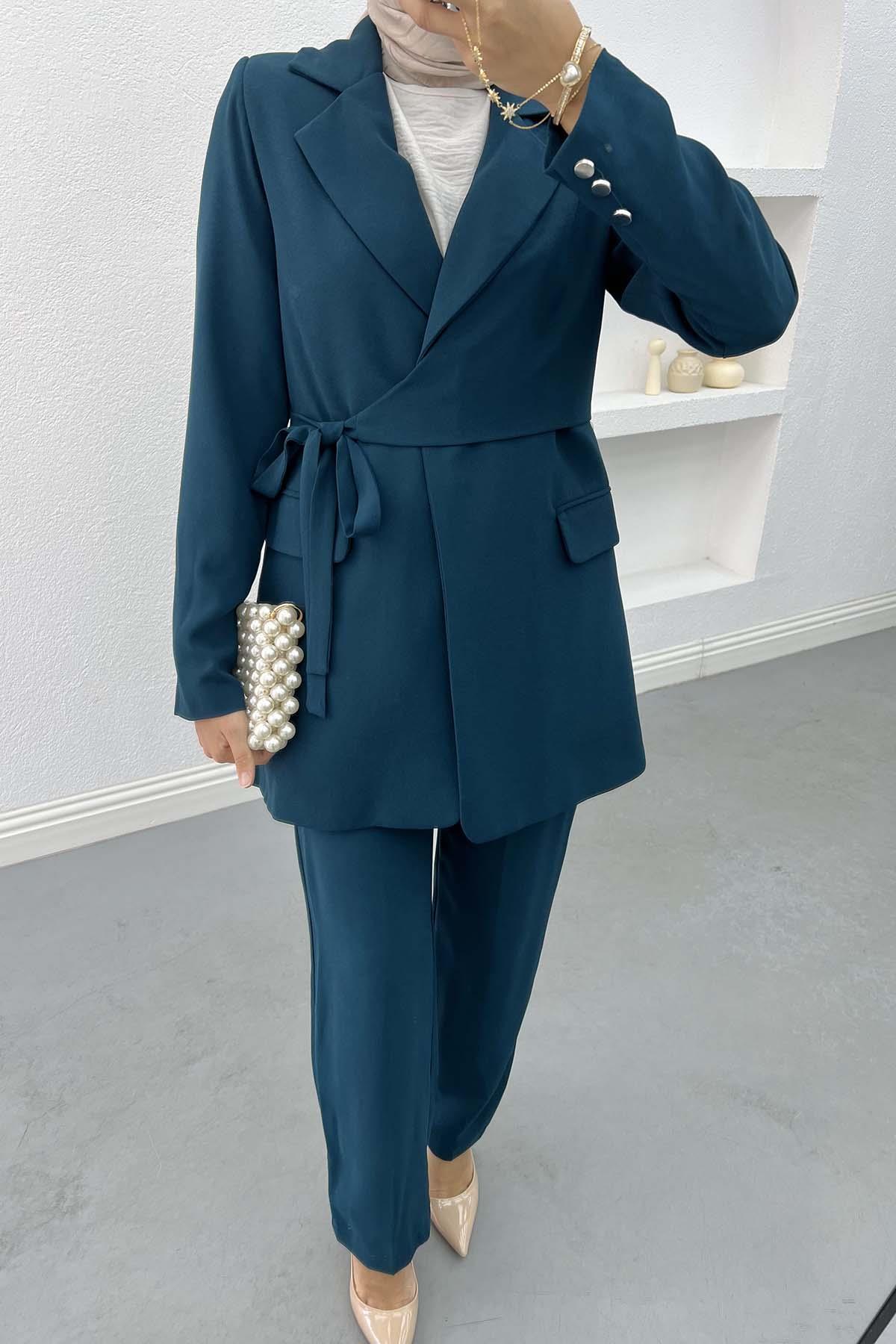 Side Tie Jacket Set Petrol Blue