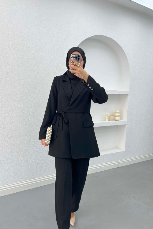 Side Tie Jacket Set Black