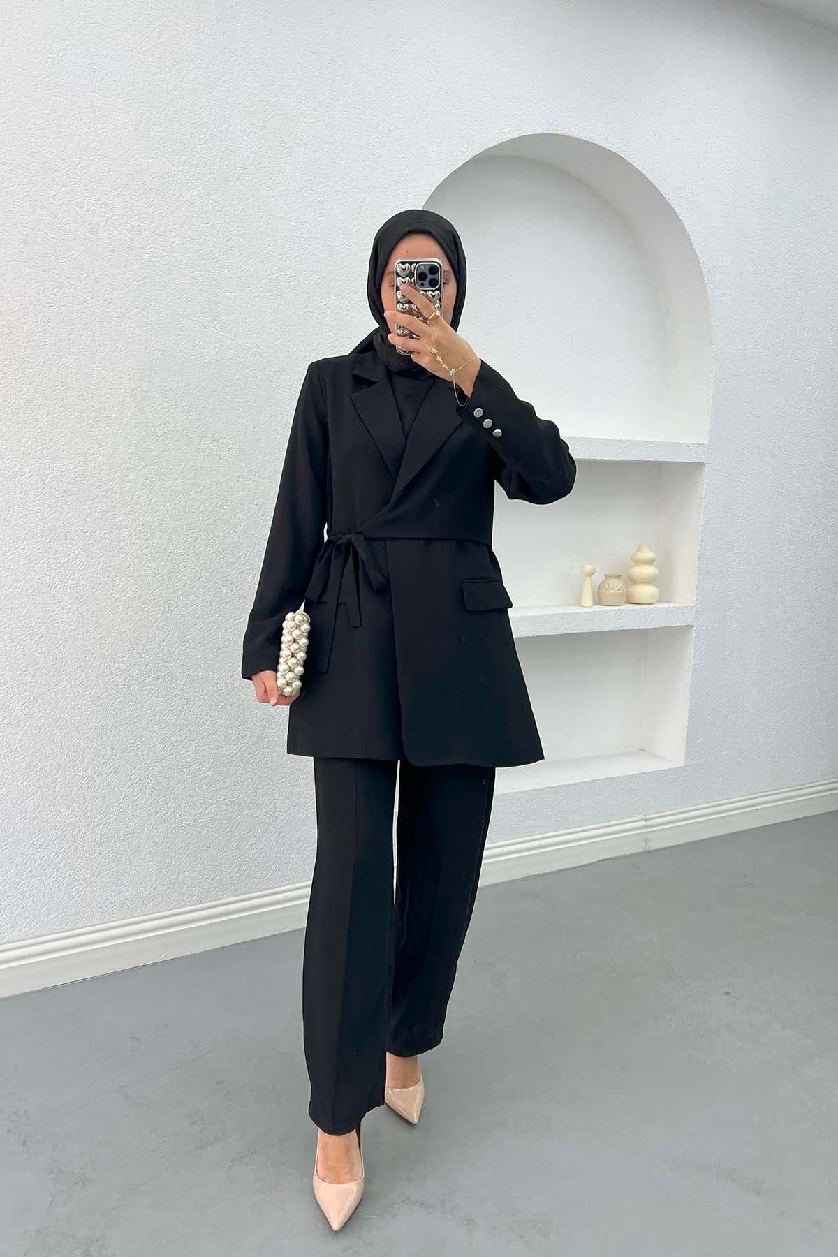 Side Tie Jacket Set Black