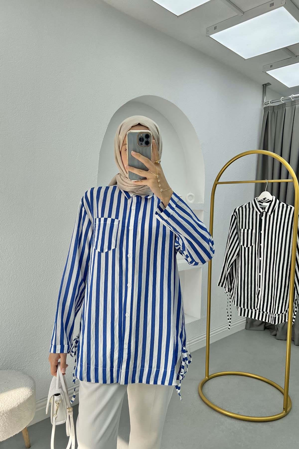 Side Tie Striped Shirt Saxe Blue