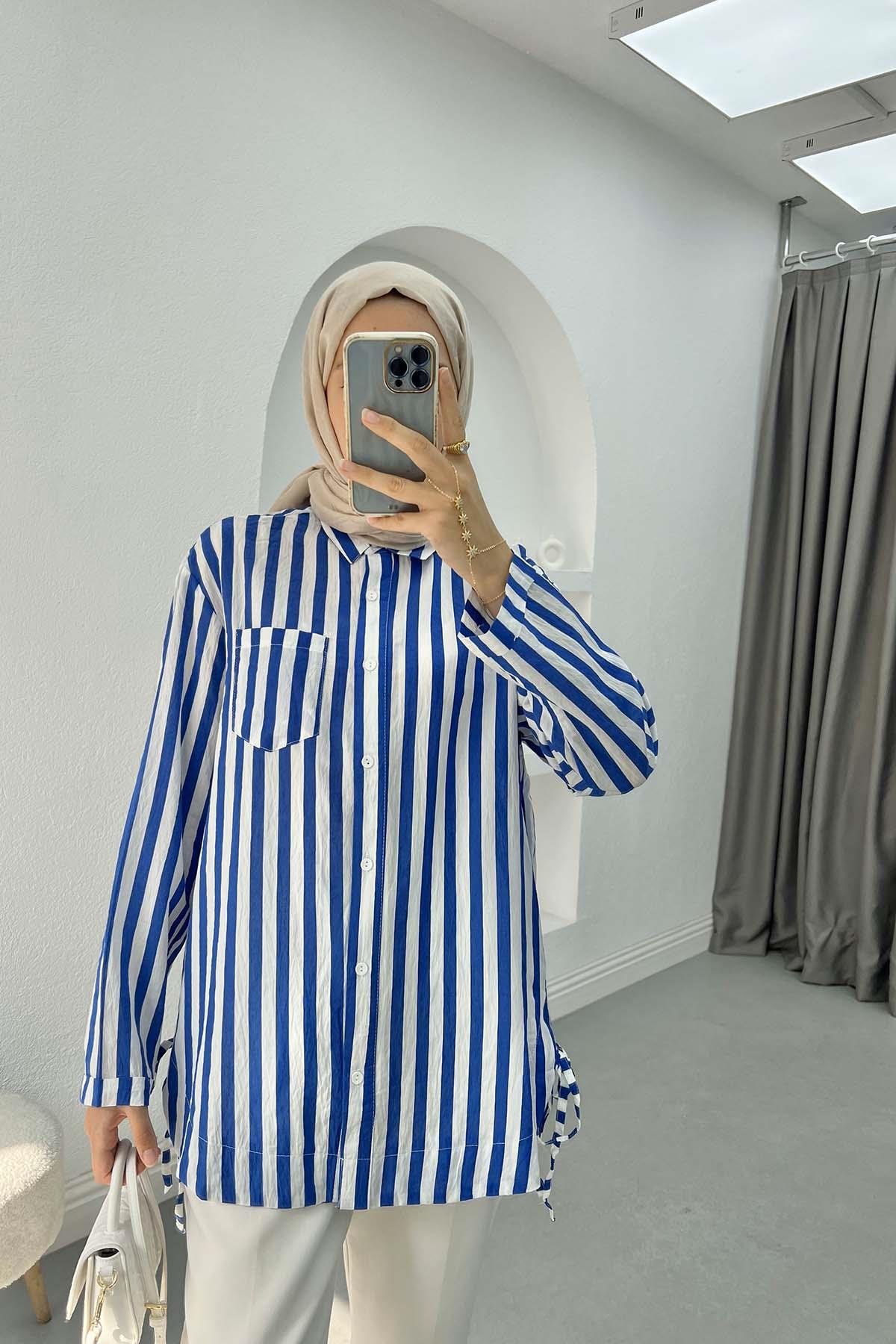 Side Tie Striped Shirt Saxe Blue