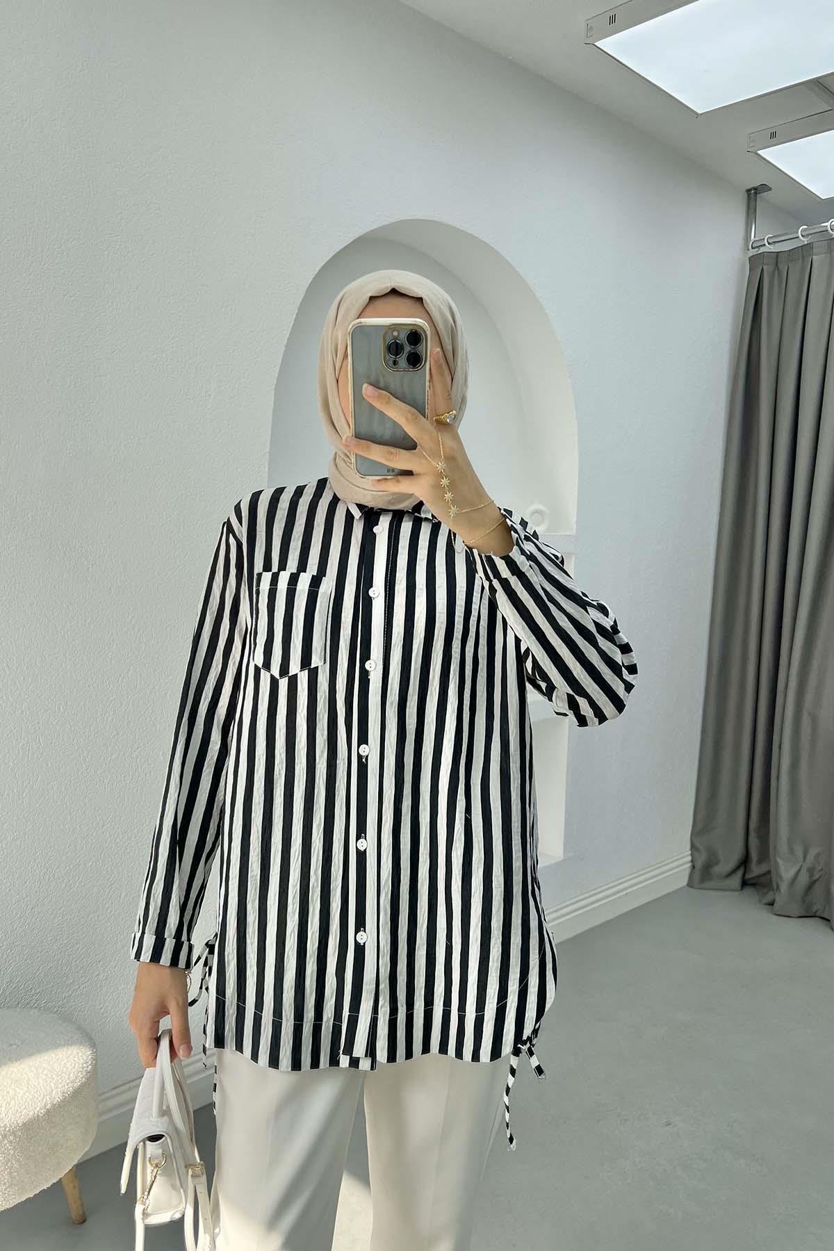 Side Tie Striped Shirt Black