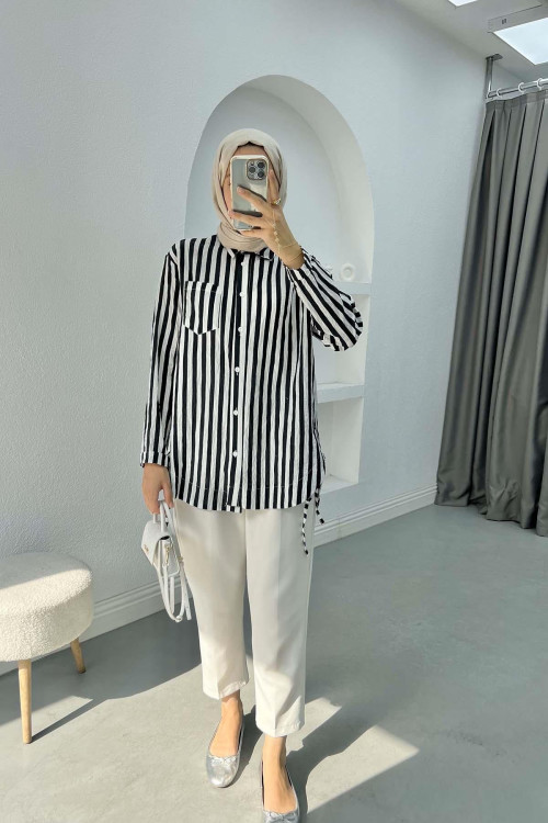 Side Tie Striped Shirt Black