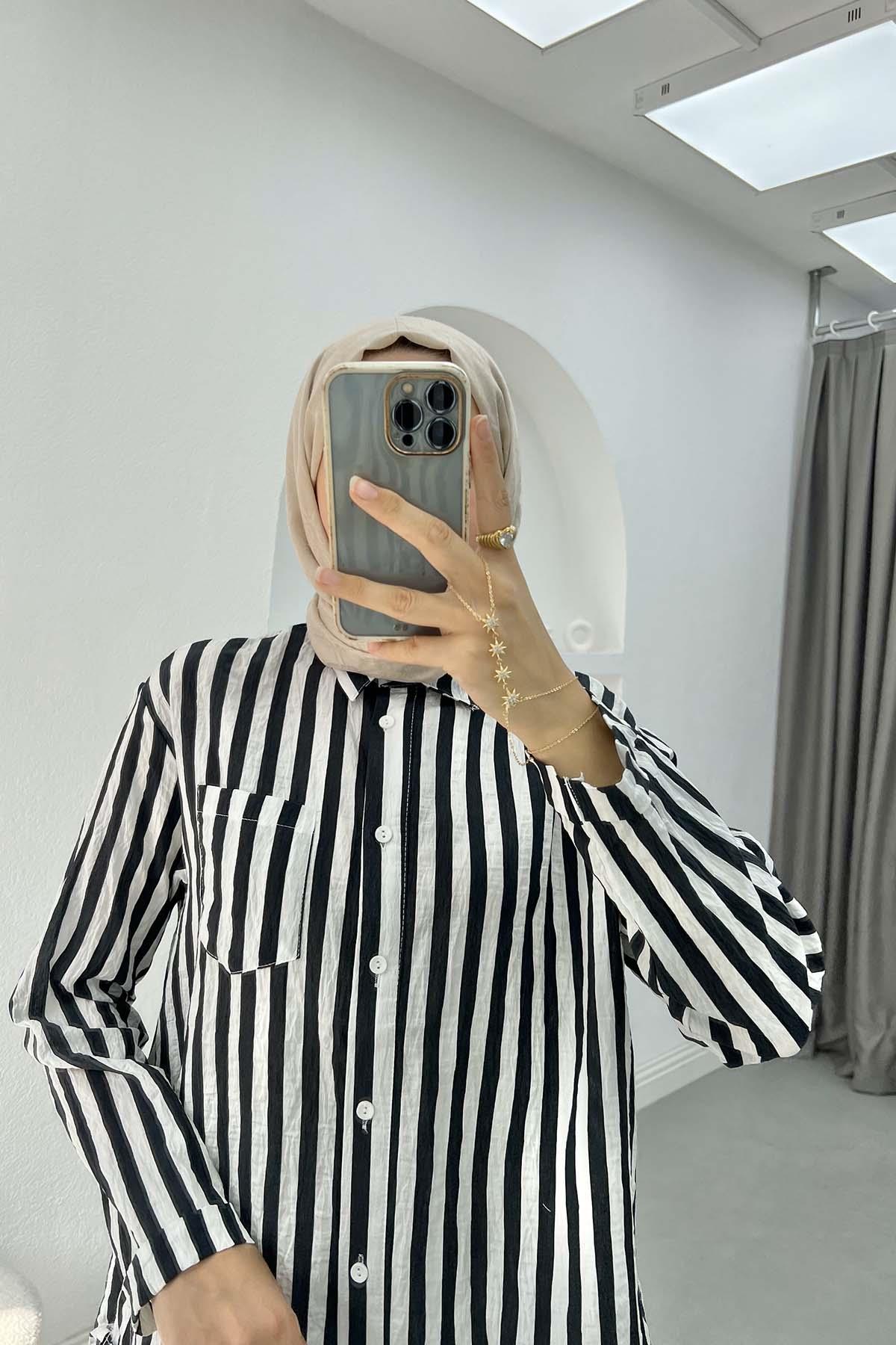 Side Tie Striped Shirt Black