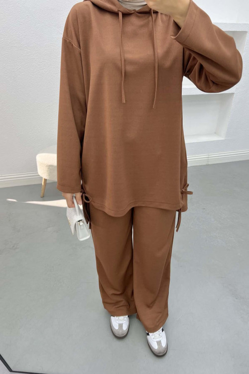 Side Tie Hooded Suit Brown