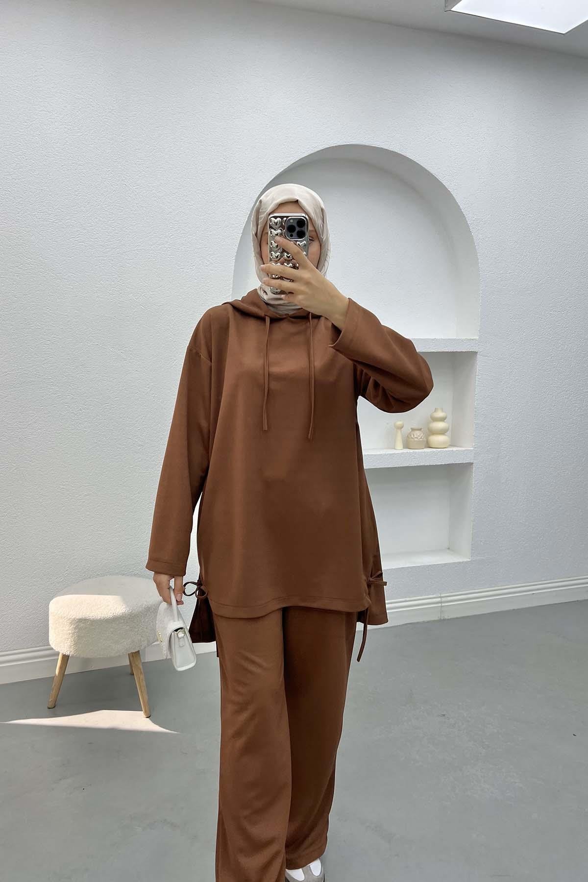 Side Tie Hooded Suit Brown