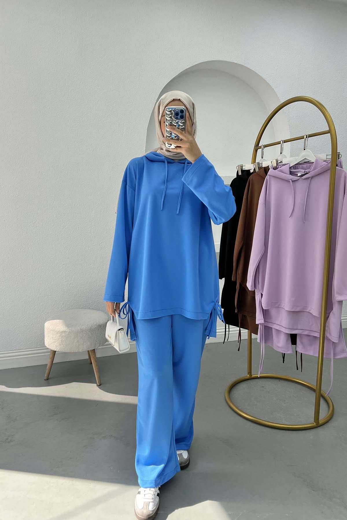 Side Tie Hooded Set Blue