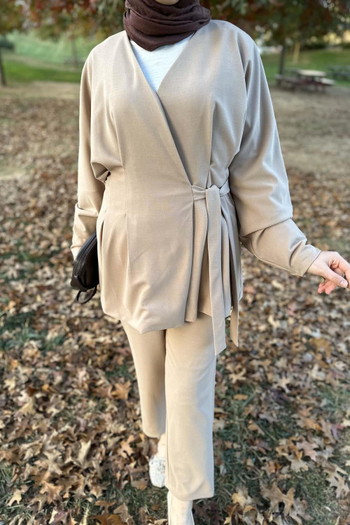 Side Tie Pleated Suit Beige