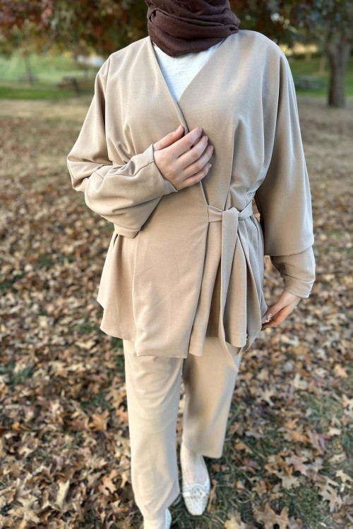 Side Tie Pleated Suit Beige