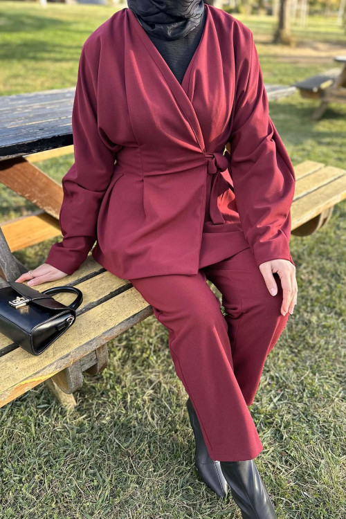 Side Tie Pleated Suit Claret Red