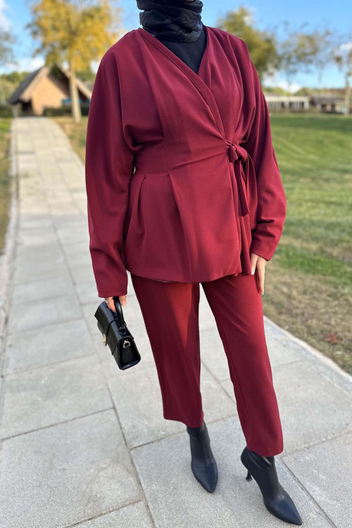 Side Tie Pleated Suit Claret Red