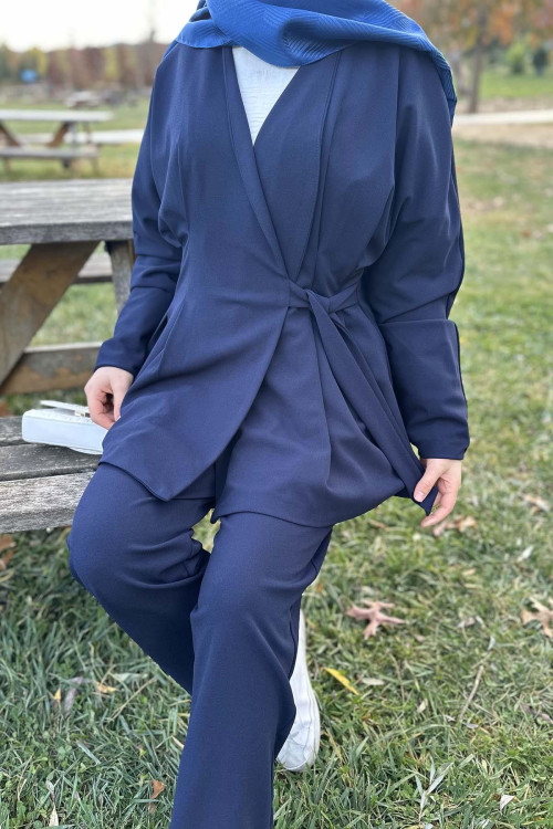 Side Tie Pleated Suit Navy Blue