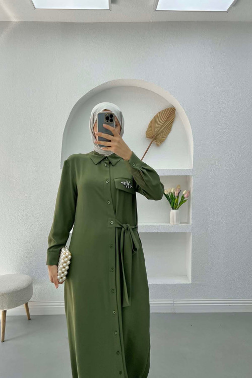 Side Tie Stone Dress Khaki