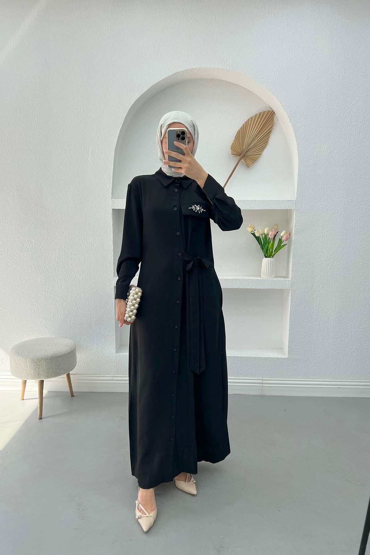 Side Tie Stone Dress Black