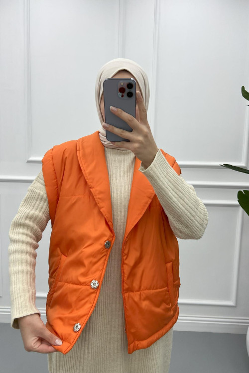 Side Pocket Puffer Vest Orange