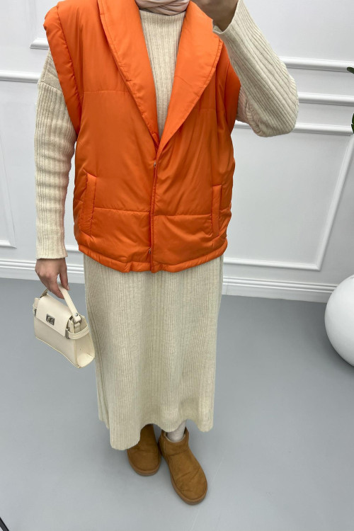 Side Pocket Puffer Vest Orange