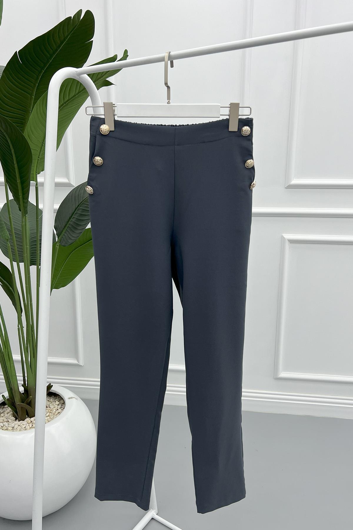 Side Button Fabric Trousers Gray