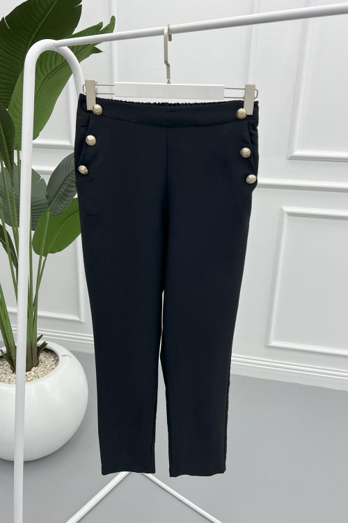 Side Button Fabric Trousers Black